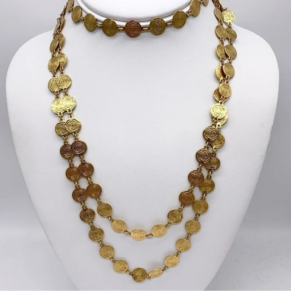 Trifari Vintage Crown Trifari Swirled Gold Coin Opera Length Necklace 54”